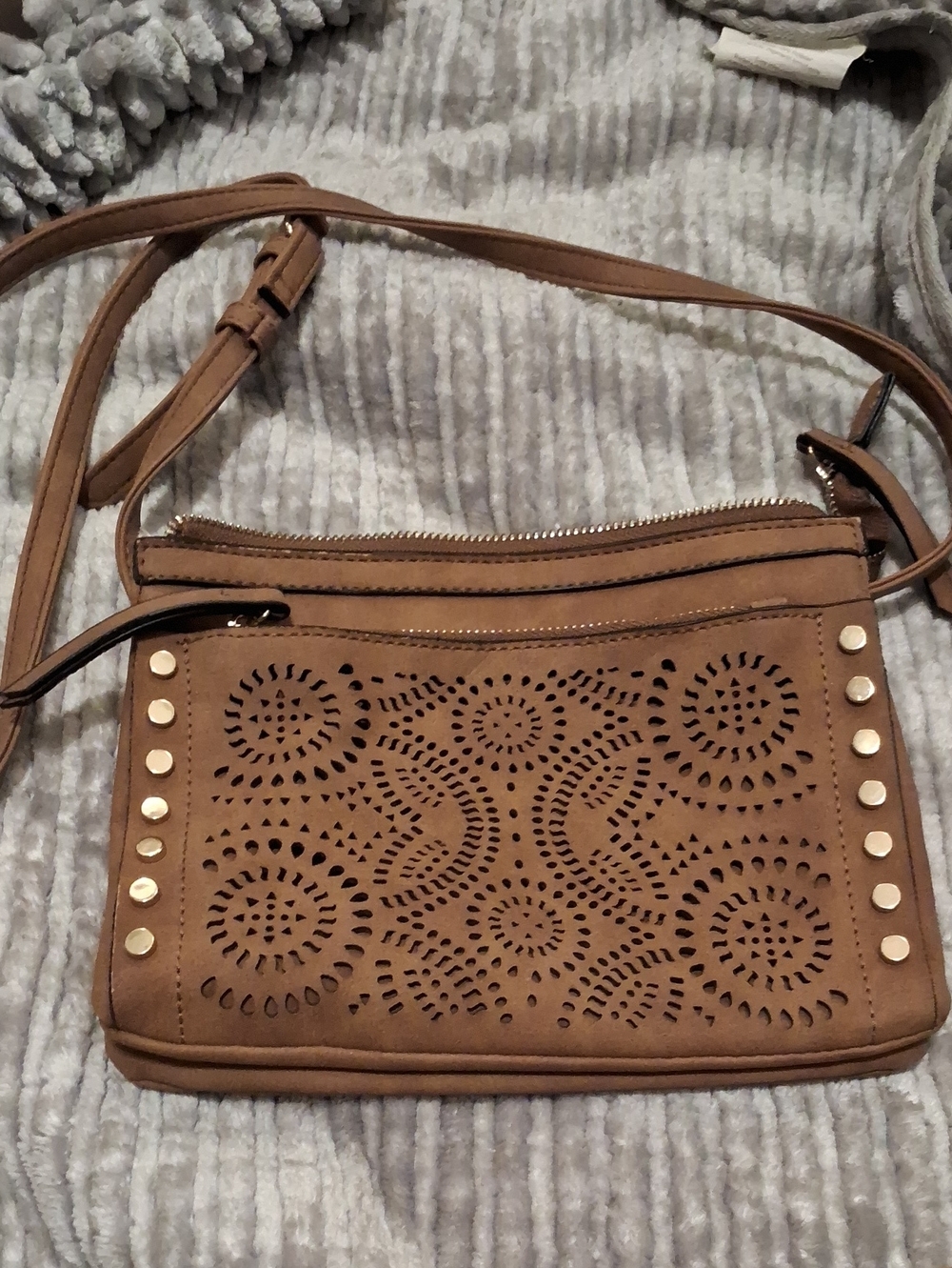 Tan Laser-Cut Crossbody Bag with Stud Detail